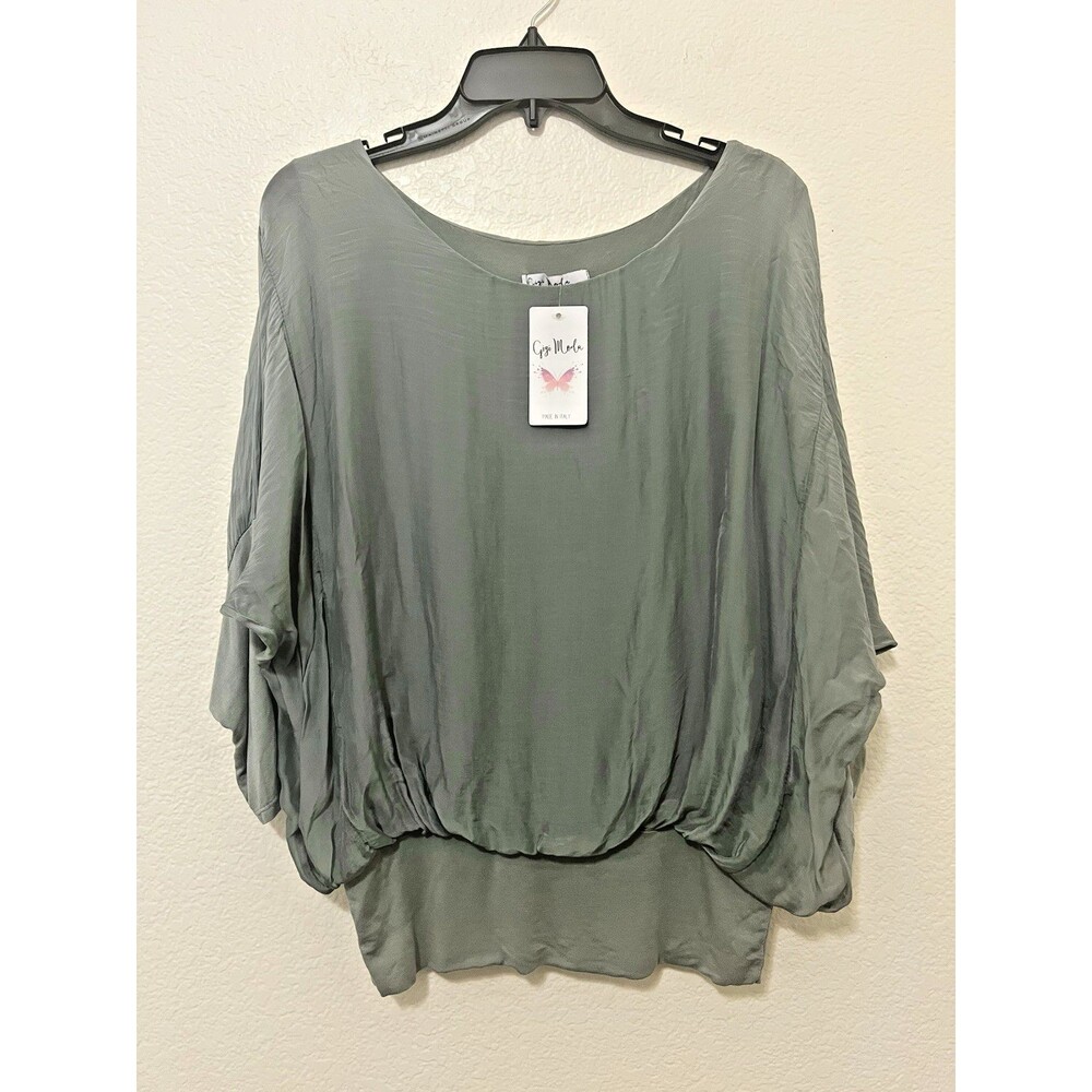 GIGI MODA Italy Olive Sage Green Silk Banded Top Dolman Sleeve Chic Boho OS NWT